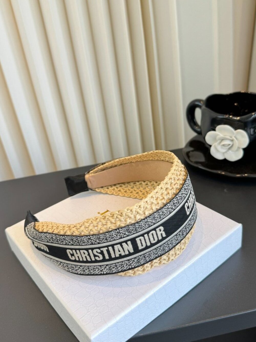 Dior Natural Woven Raffia Oblique Jacquard Trim Wide Headband